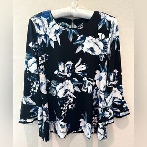 KARL LAGERFELD | Black White Blue Floral Bell Sleeve Blouse Top | Size Medium